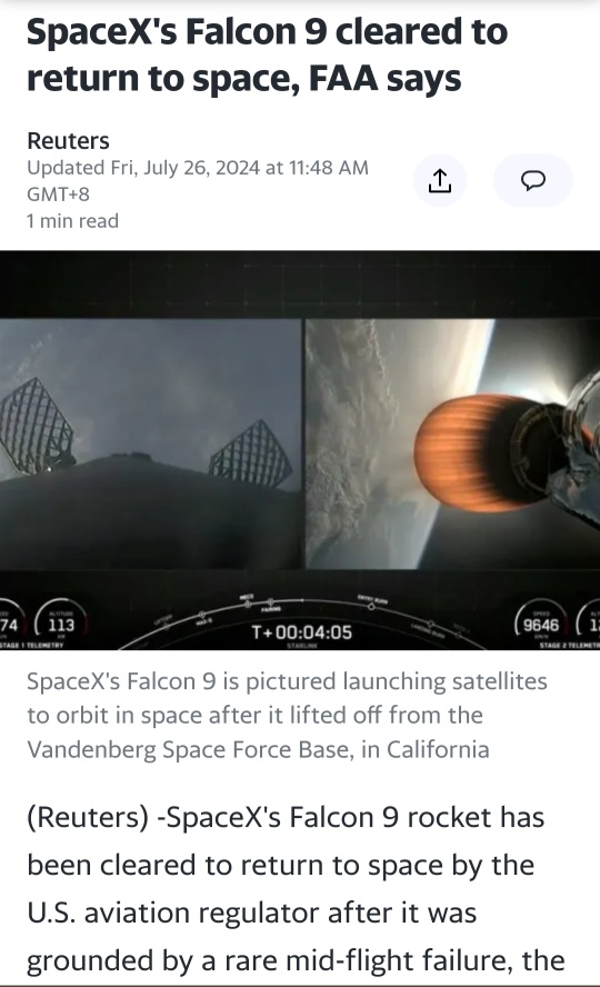 美國航空局稱，SpaceX 的獵鷹 9 獲准返回太空
