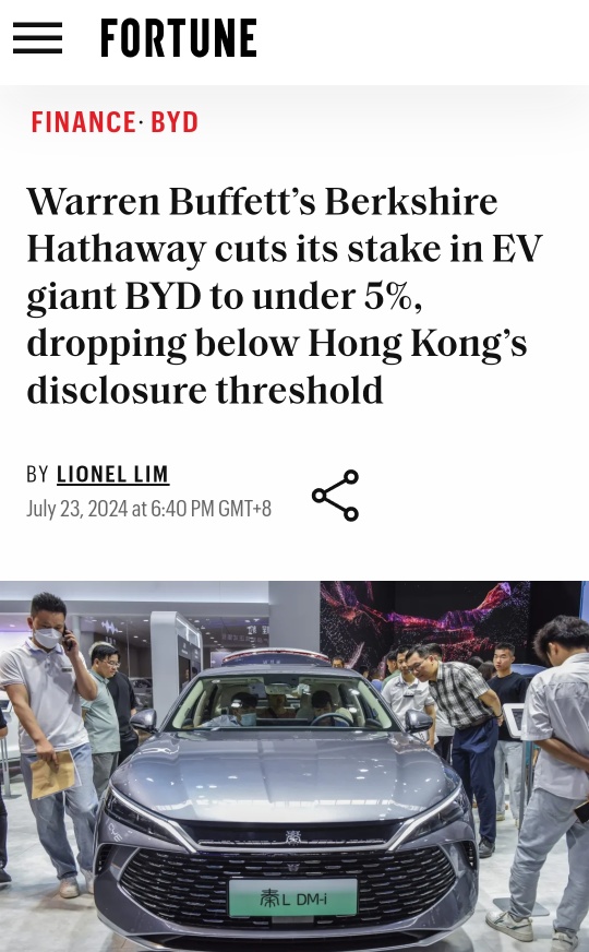 Buffett cuts its stake in BYD stock to under 5% amid shares fell over 3% in HK trading