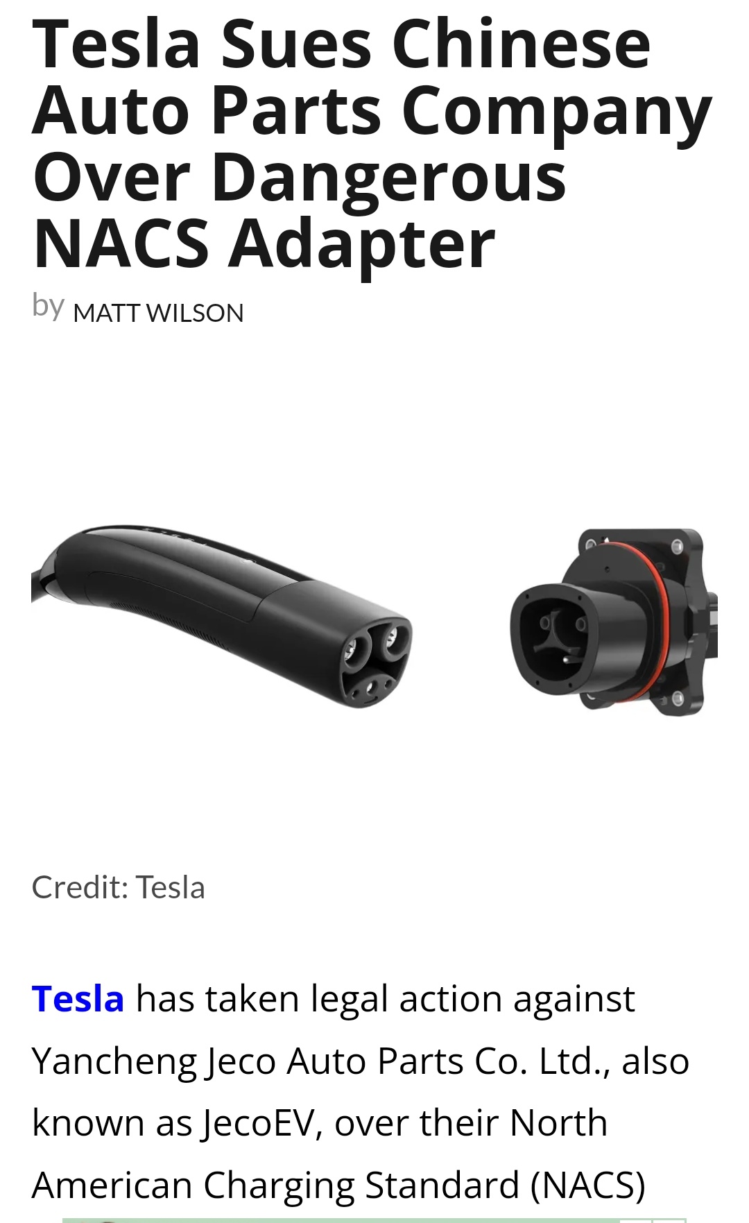 特斯拉就危险的NACS适配器起诉中国汽车零部件公司