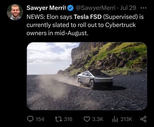 Tesla wide release of latest Full Self-Driving update. Roll out to Cybertruck in mid-August