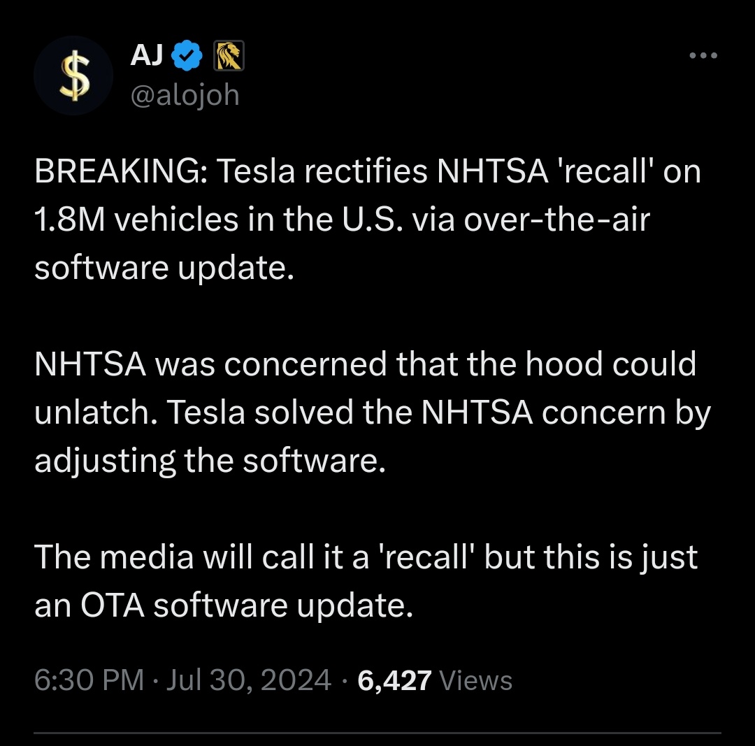 特斯拉通過無線軟件更新修正 NHTSA 180 萬輛車「召回」
