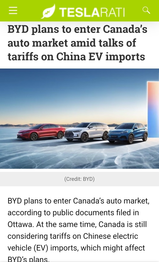 在对中国电动汽车进口征收关税的谈判中，比亚迪计划进入加拿大汽车市场