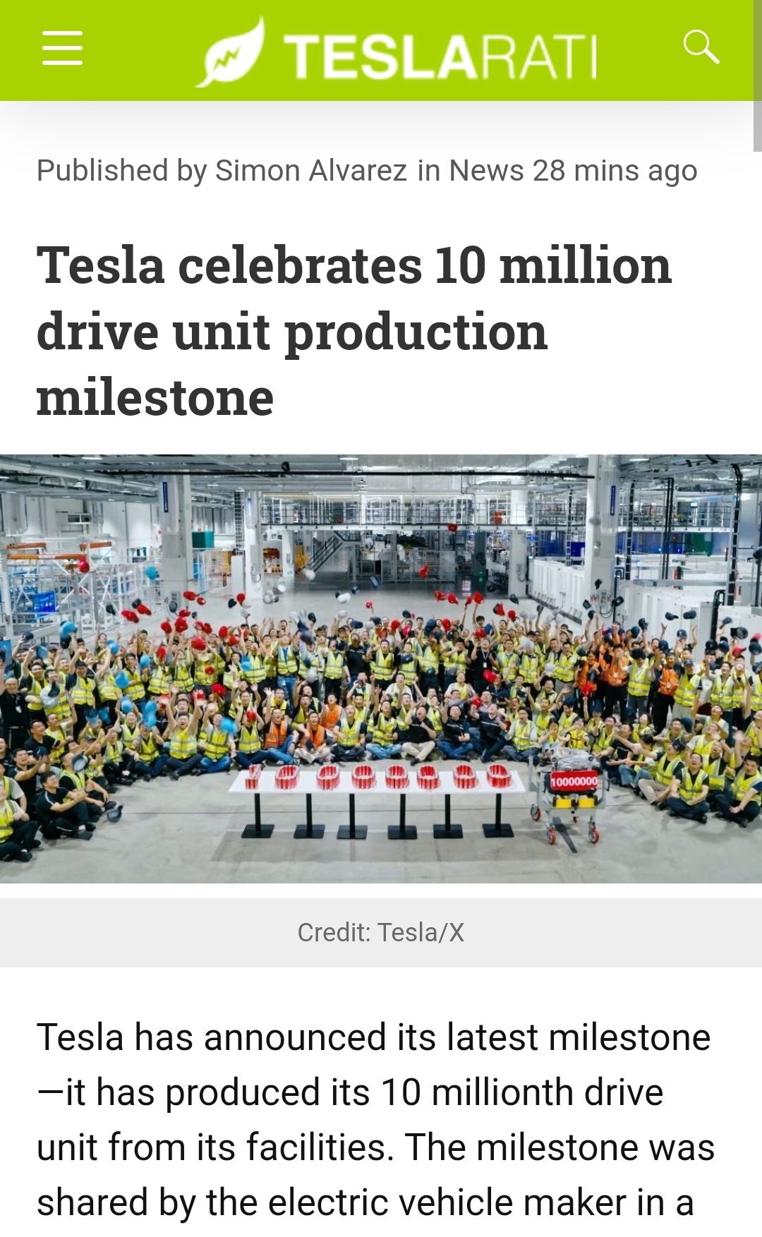 Tesla celebrates 10 million drive unit production milestone