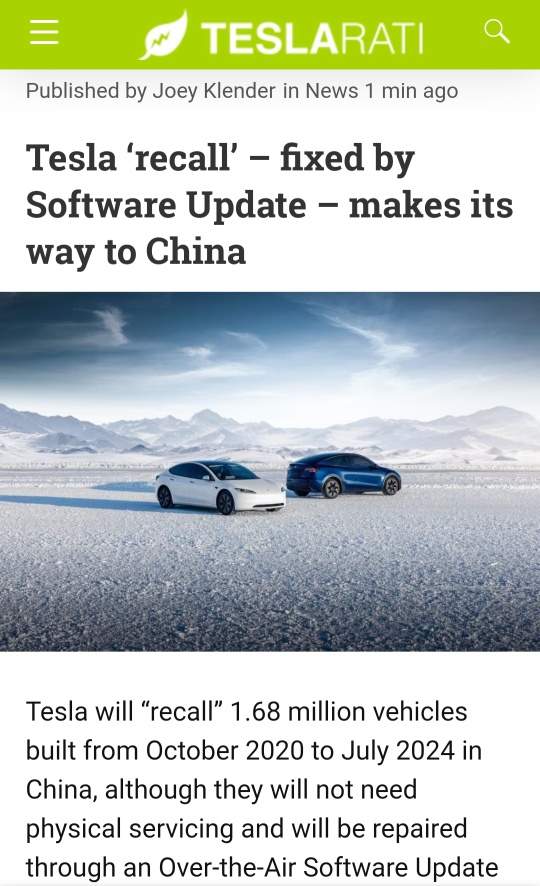 Tesla ‘recall’ fixed by Software Update makes its way to China