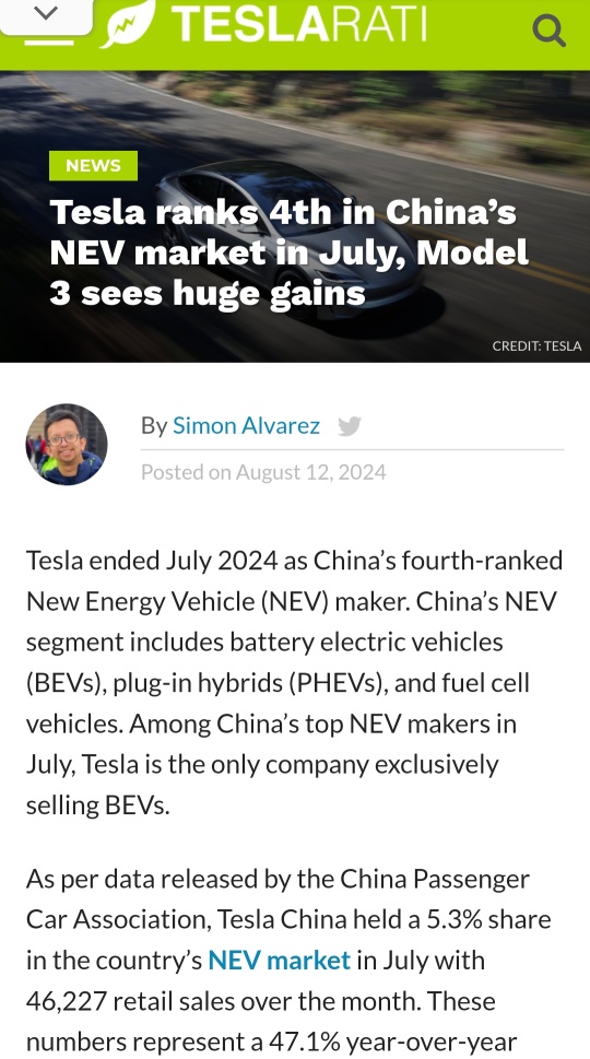 Tesla Model 3/Y Top 3 for China's July BEV Wholesale