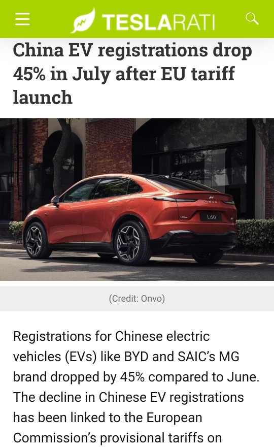 7月のEU関税発動後、中国のEV（BYDとSAIC）登録が45％減少しました。