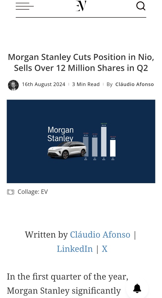 モルガン・スタンレーは、Q2にNioの保有株式を削減し、1200万株以上を売却しました。