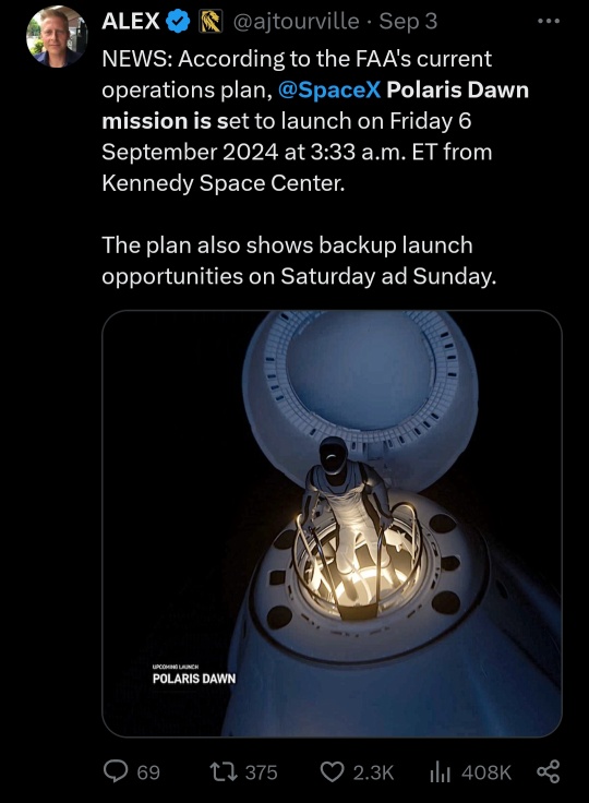 spacex公司计划在9月6日进行Polaris Dawn发射，FAA已经批准