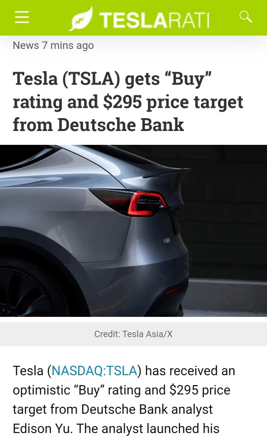 Tesla stock gets “Buy” rating and $295 price target from Deutsche Bank