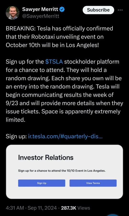 Tesla confirms robotaxi event to commence in LA, opens shareholder ticket sign up