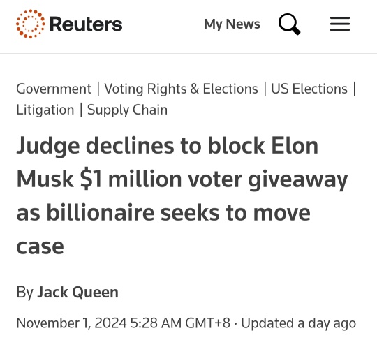 Elon Musk $1M voters give away may not consider "vote buying"; case politically motivated