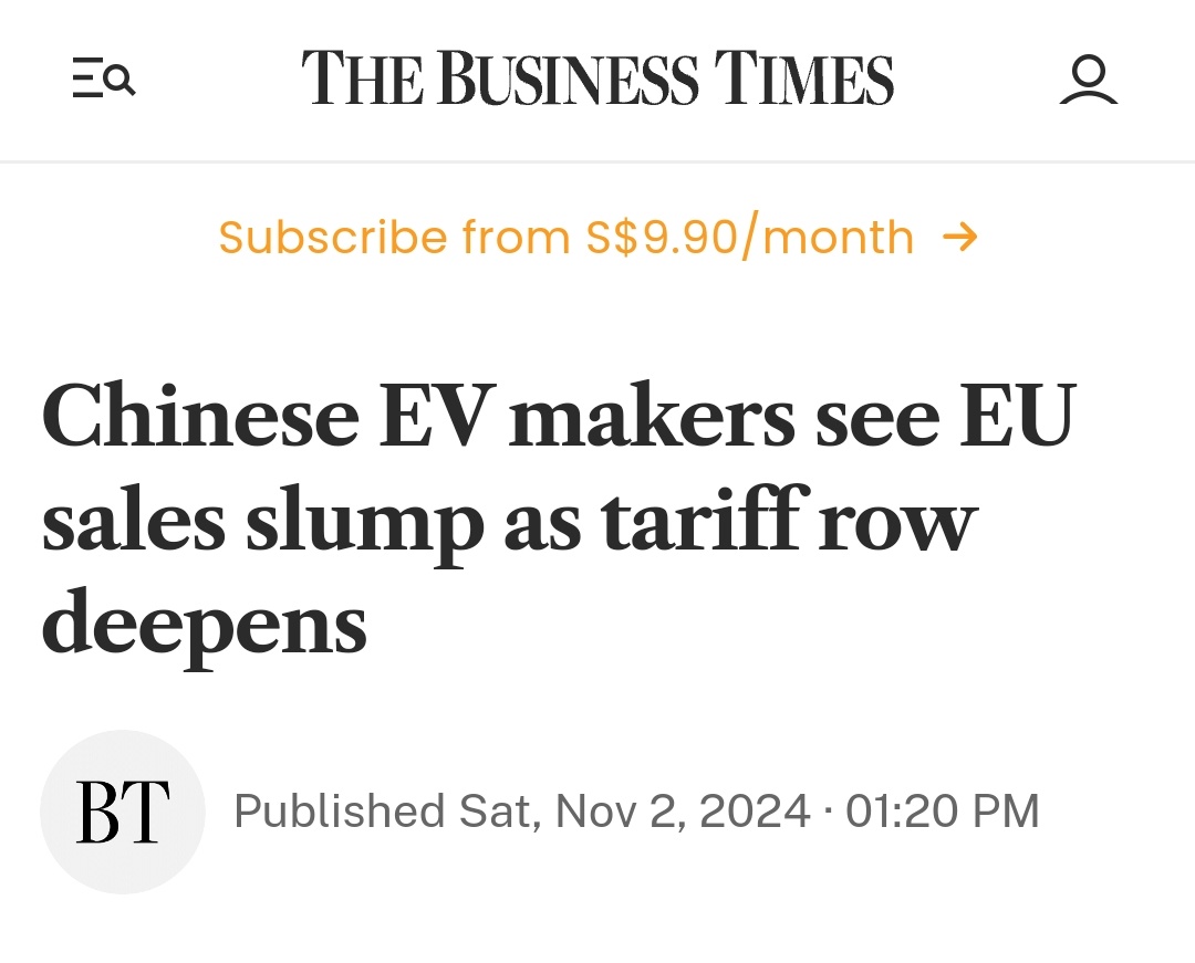 Chinese EV Sep's sales in EU down 9.6%; SIAC EV Sales highest drop -42%