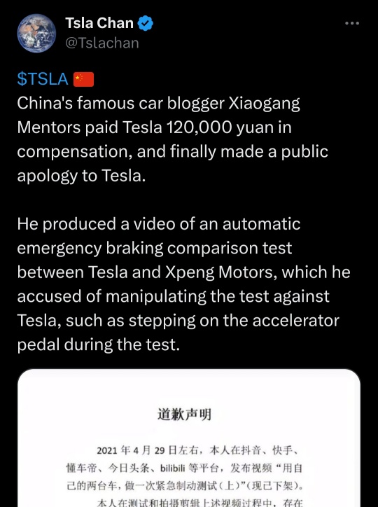 Tesla China receives apology from car blogger over dishonest braking test