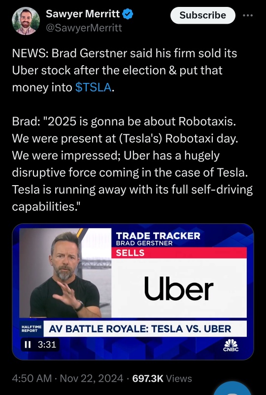 Legendary investor dumped Uber stock buy Tesla stock. Uber downed 20% after Tesla Robotaxi Event. 