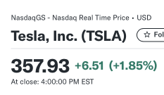 テスラは今日、2.5年ぶりに最高の終値357.93usdを記録しました