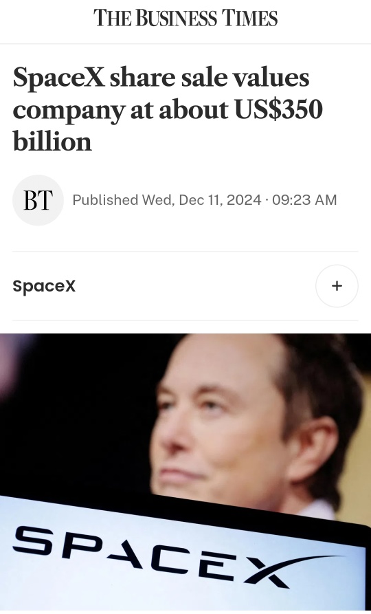 SpaceX share sale values company at about US$350 billion