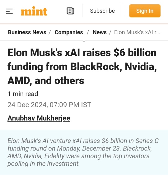 Elon Musk's xAI raises $6 billion funding from BlackRock, Nvidia, AMD, and others