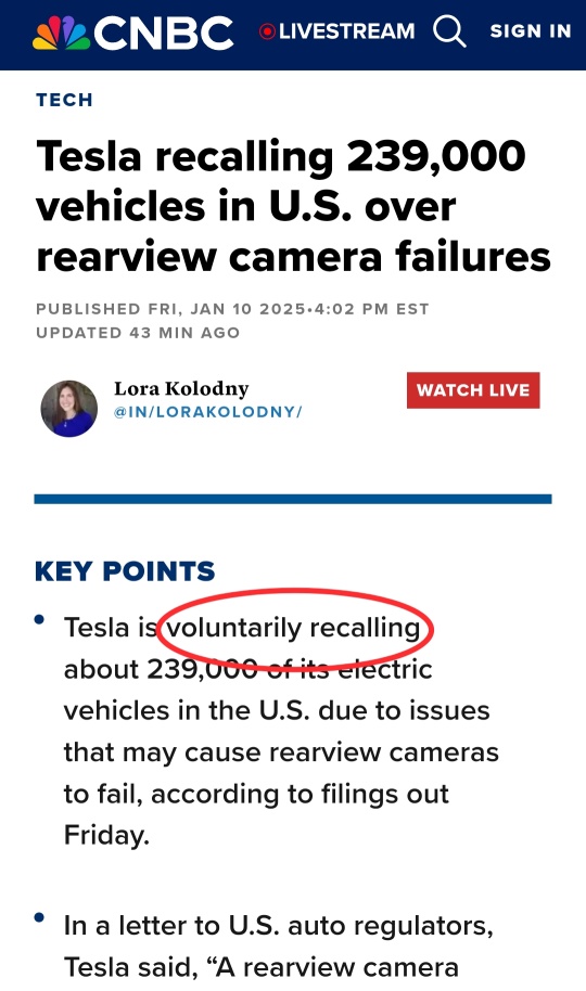 Tesla voluntarily recalling 239,000 vehicles in U.S. over rearview camera failure