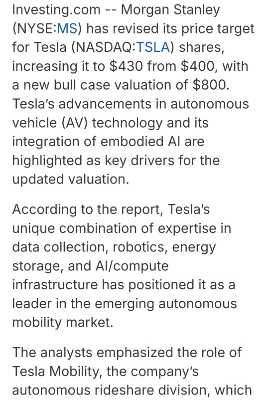 Tesla stock climbs after Morgan Stanley’s $800 Bull Case