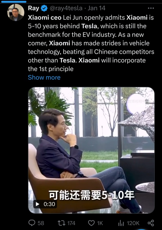 Xiaomi CEO Lei Jun openly admits Xiaomi is 5-10 years behind Tesla