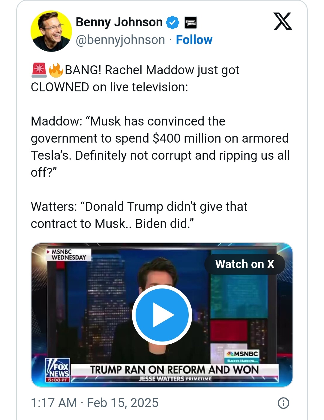 Rachel Maddow spreading false report about Tesla and the State Department