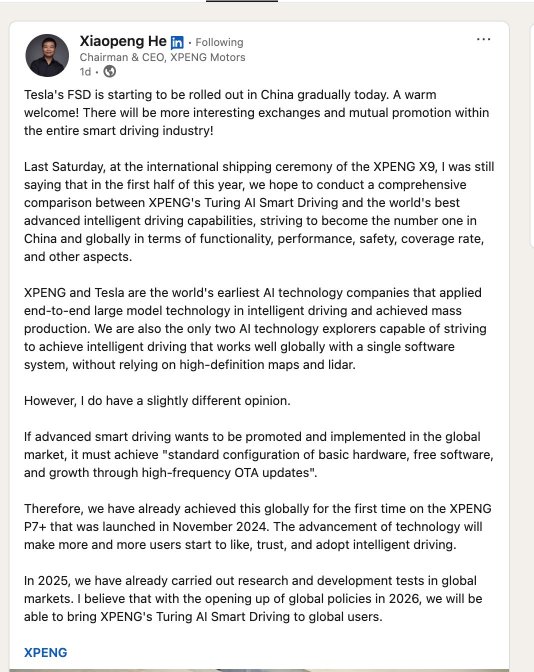 What Xpeng CEO said about Tesla FSD roll-out in China