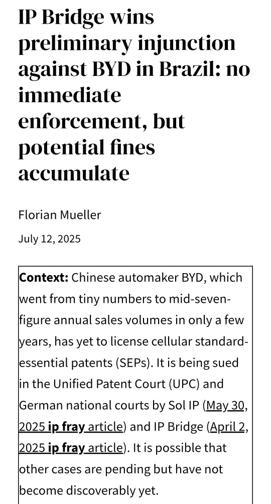 BYDはIP Bridgeから知的財産権の侵害で訴えられ、敗訴しました。1日あたり3600ドルの罰金が科されています。