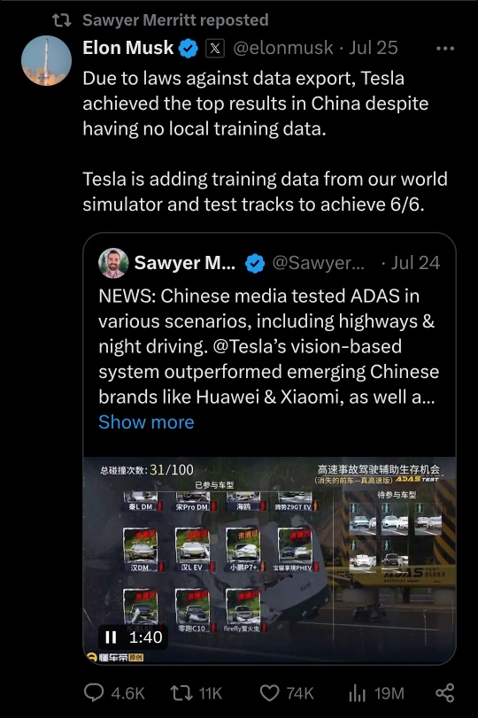 特斯拉在由中国国家媒体和字节跳动报道的驾驶辅助测试中击败了中国竞争对手(比亚迪和小米),其Model 3和Model X在六个场景中的五个通过了高速公路测试,而比亚迪的腾势Z...