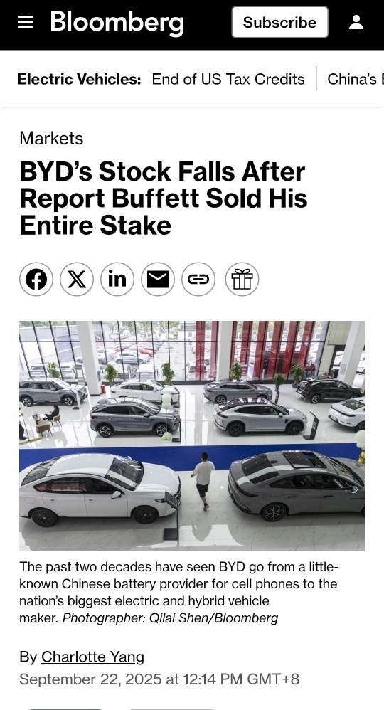 BYD's Stock Falls After Report Buffett Sold His Entire Stake