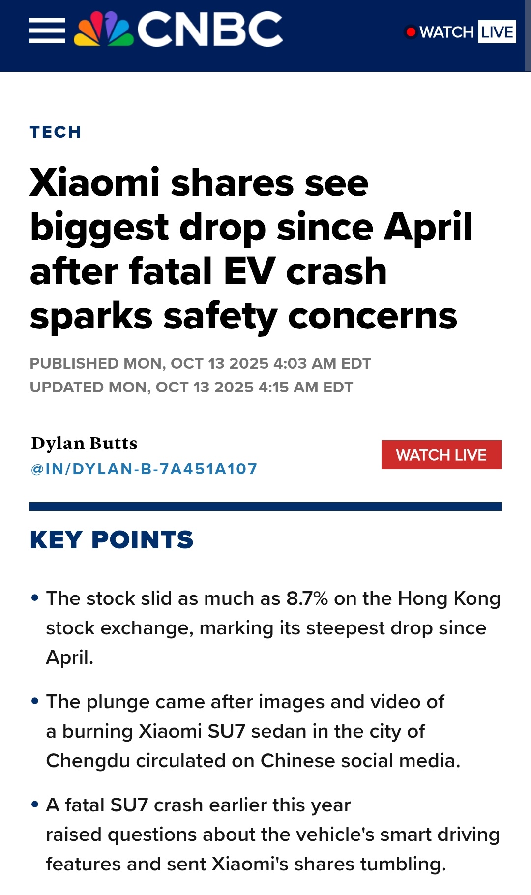 小米股票因电动车致命事故引发安全担忧，出现自四月以来最大跌幅- moomoo 社区