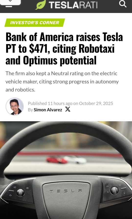 BofA Estimates Tesla Robotaxi Accounts for 45% of Company Value - Raise PT to $471 (from $341)