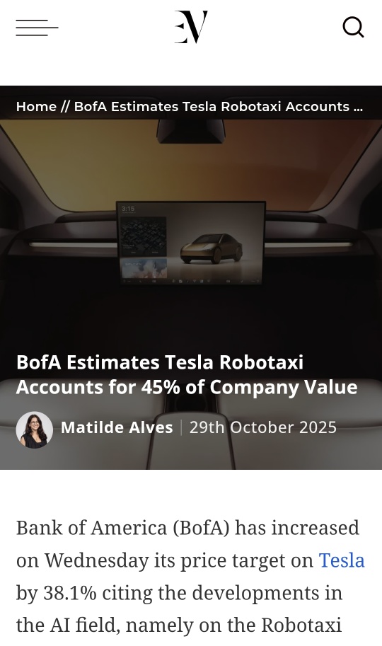 BofA Estimates Tesla Robotaxi Accounts for 45% of Company Value - Raise PT to $471 (from $341)