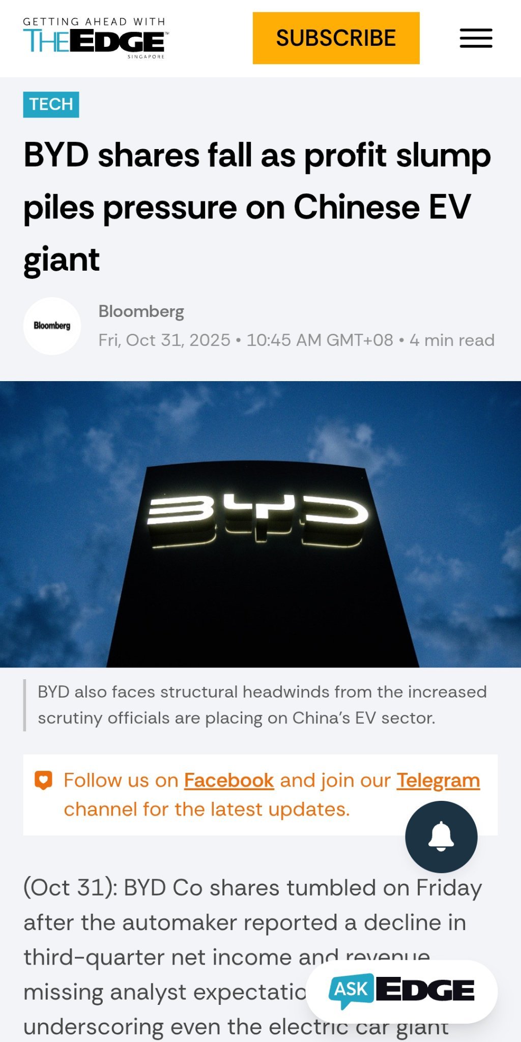 比亚迪第三季度报告利润下降33%，股价一度下跌6.4%，营收未达预期... - moomoo 社区