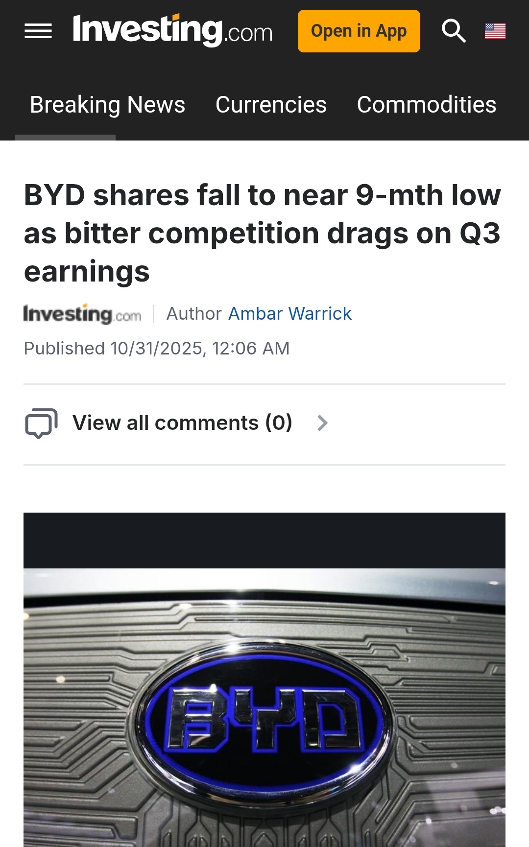 比亚迪第三季度报告利润下降33%，股价一度下跌6.4%，营收未达预期... - moomoo 社区