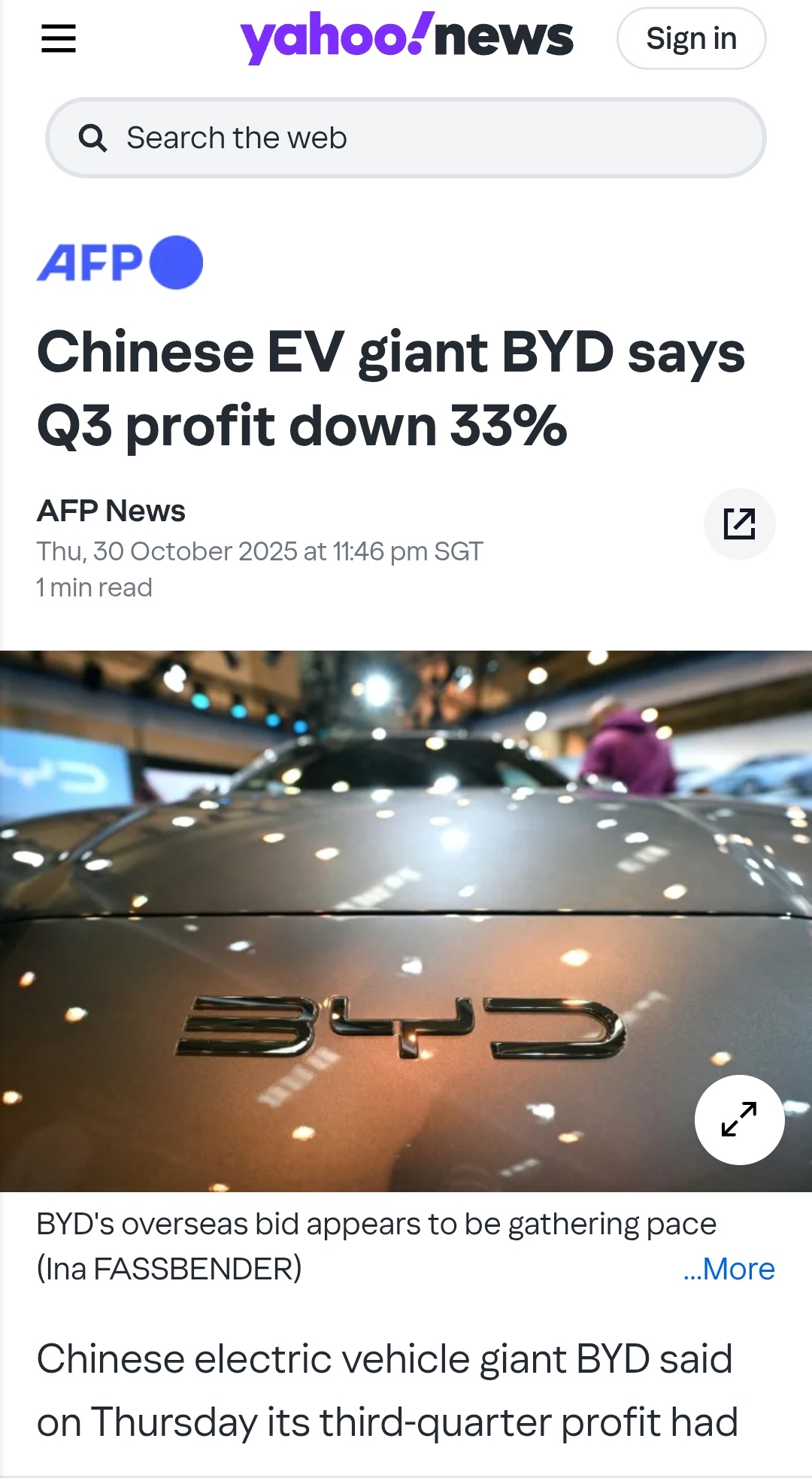 比亚迪第三季度报告利润下降33%，股价一度下跌6.4%，营收未达预期... - moomoo 社区