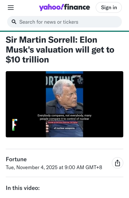 Musk的薪酬计划将使特斯拉达到10万亿美元的估值 - Sir Martin Sorrell