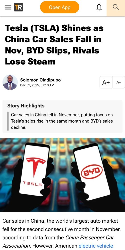 特斯拉每輛車的利潤率比比亞迪高出700%，儘管其全球電動車銷量低於比亞迪。
