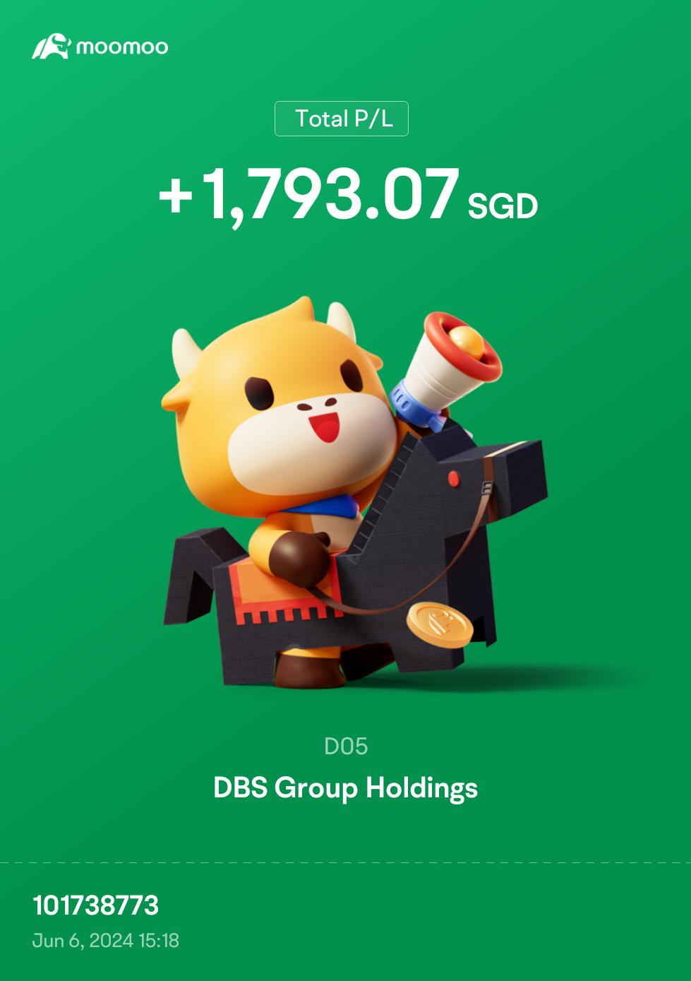 Taking profits for DBS after 9 months.  Did not invest much back then but happy to have collected dividends as well.