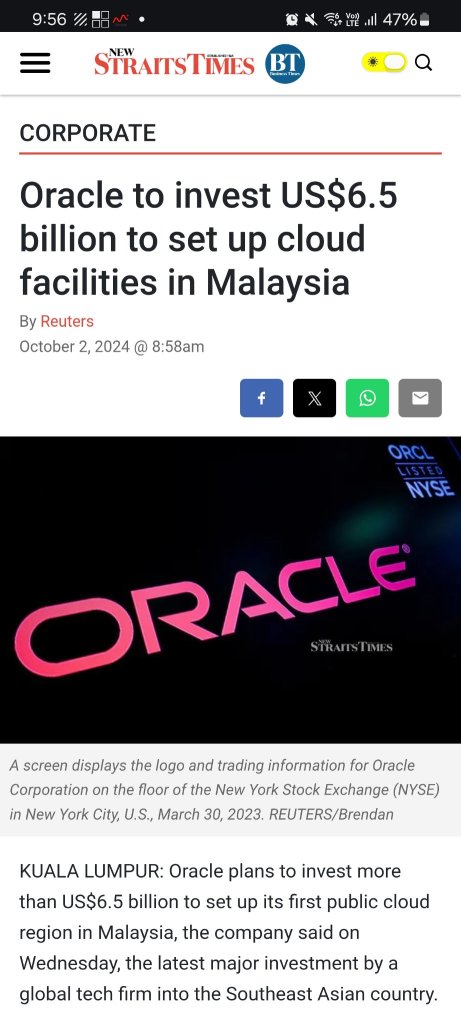 Oracle cloud facilities investment in Malaysia