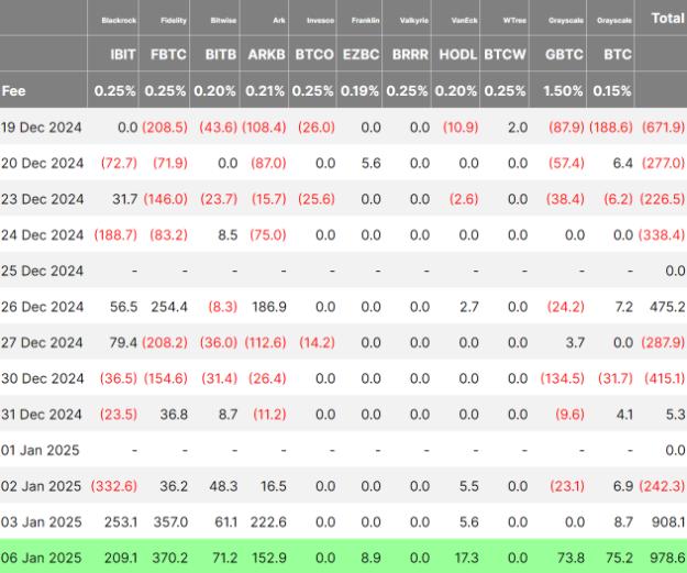 12月19日至1月6日期間，美國現貨比特幣ETF的每日流入量。來源：Farside Investors
