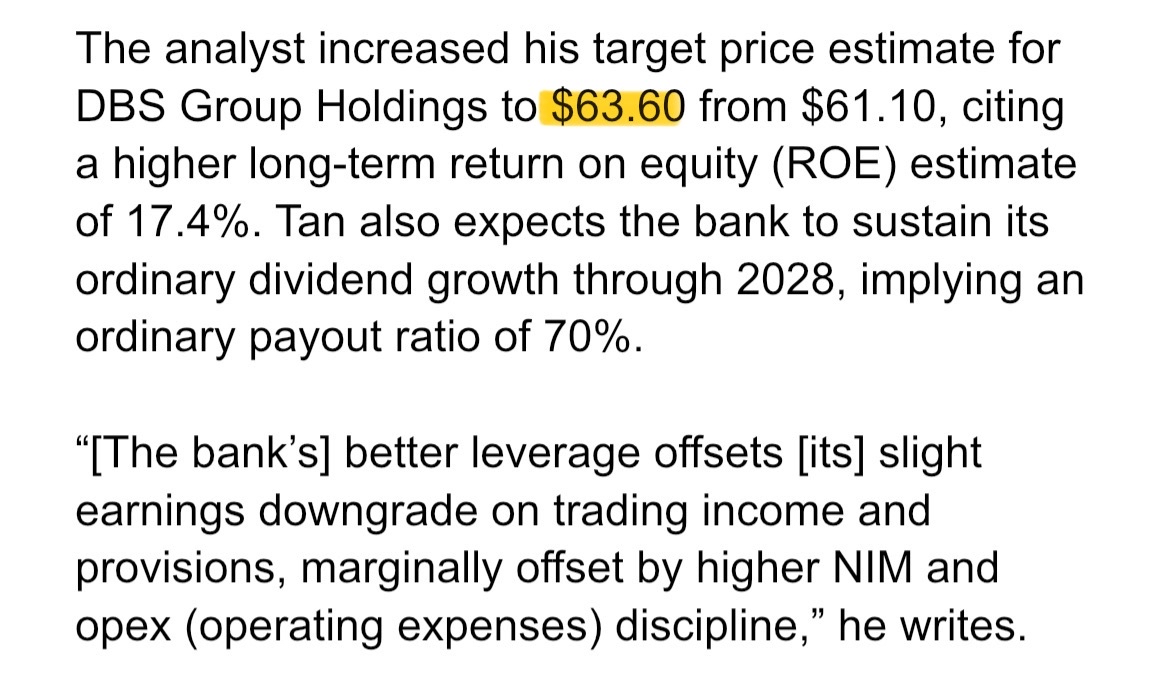 $DBS (D05.SG)$ - PhillipCapital’s [Share Link: report] - Revised figures from Citi’s analyst Tan Yong Hong reported in the 16 Feb 2026 The Edge Singapore article “Citi ups target prices on all three banks; prefers Singapore banks over SGX for EQDP play”.  Disclaimer: This sharing is for informational purposes and is not financial advice or a recommendation to buy and/or sell. Pls do your due diligence and consult your financial advisor before making any investment ...