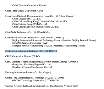 US Blacklists Tencent and CATL