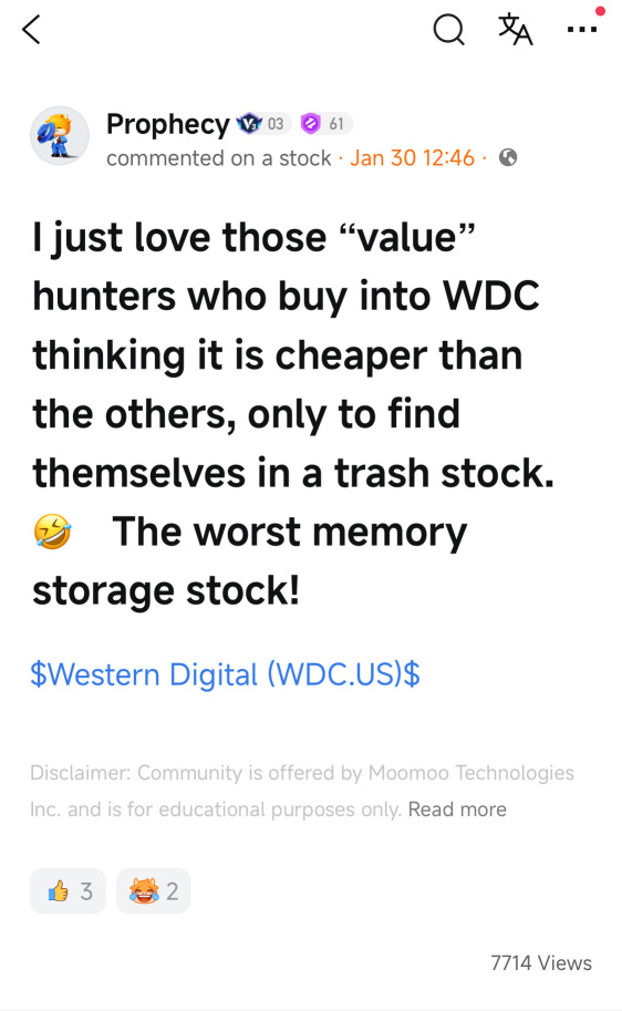 hahaha I just love silly people buying this trash memory stock and getting burned! Already warned u hours ago not to buy WDC just because it’s cheaper than the others!