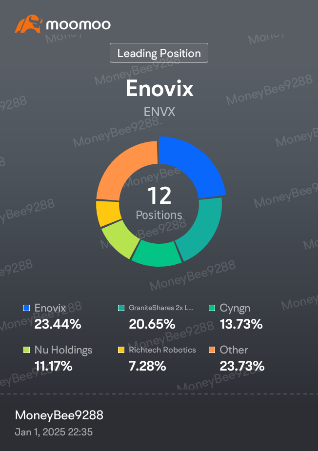 今年我的主要持股，將看看漲勢能走多遠 [得意][壞笑] $Enovix (ENVX.US)$  🔋🪫 $2倍做多AMD ETF-GraniteShares (AMDL.US)$ 💻 $Nu Holdings (NU.US)$ 💰🪙