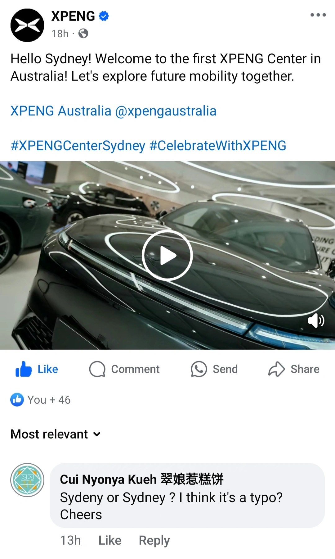 $シャオペン (XPEV.US)$ 昨日、XpengのFacebookとInstagramのページを閲覧しているときに、ちょっとしたタイプミスに気付きました。投稿の1つに「シドニー」の代わりに「シドニー」と書かれています。私はそれを指摘するためにコメントを残しました、そして今朝までに、彼らはすでにそれを修正していました...