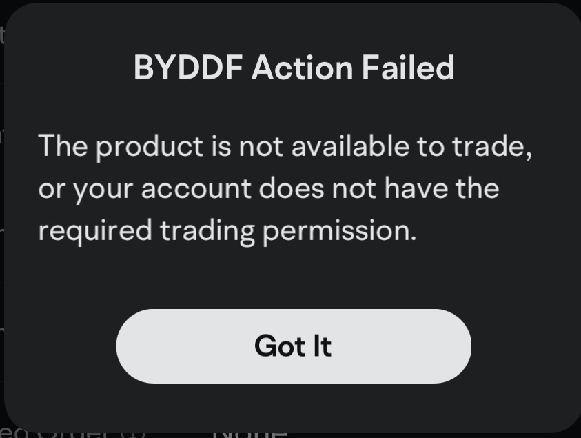 $BYD Co. (BYDDF.US)$ Hi i will like to trade this share but received this pop up? what permission do i need to have in order to trade this stock?