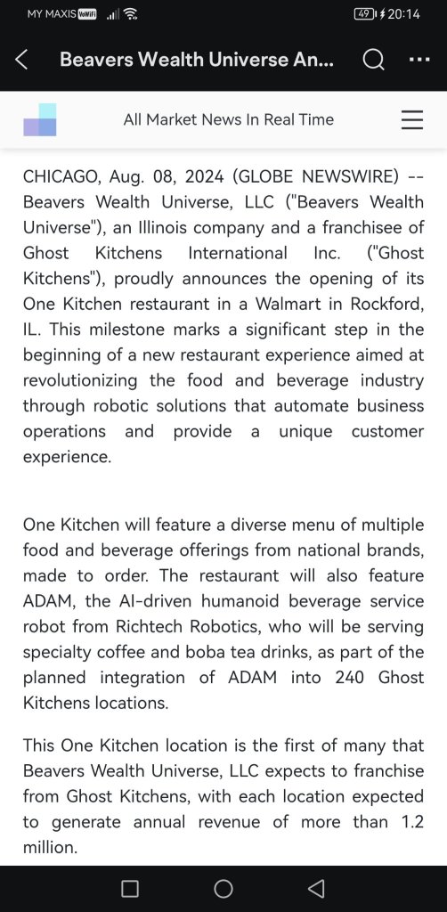 Beavers Wealth Universe Announces One Kitchen Restaurant Opening Inside Walmart and Partnership with Richtech Robotics