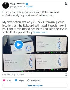 特斯拉「Robotaxi」完成了一次時長66分鐘、行程2.3英里的試乘服務，卻將乘客遺落在距離目的地3英里處。