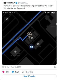 特斯拉「Robotaxi」完成了一次時長66分鐘、行程2.3英里的試乘服務，卻將乘客遺落在距離目的地3英里處。