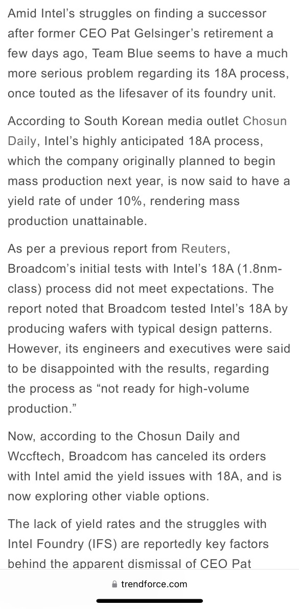 [ニュース] インテルの苦戦は続き、18Aプロセスが10％の低い収率を報告するとのうわさ、大量生産を妨げる